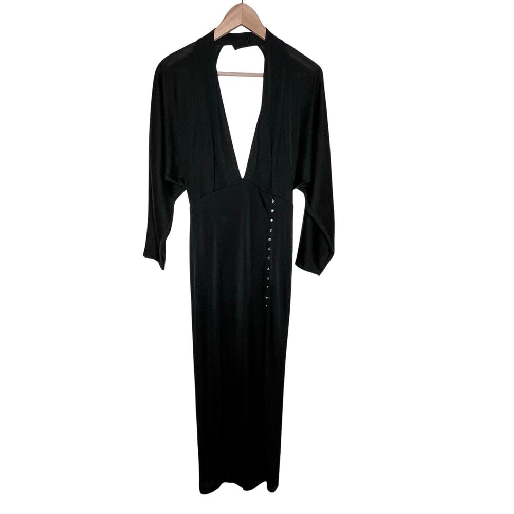 Frederick’s of Hollywood Black Maxi Dress Womens Deep V Open Back Rhinestone
